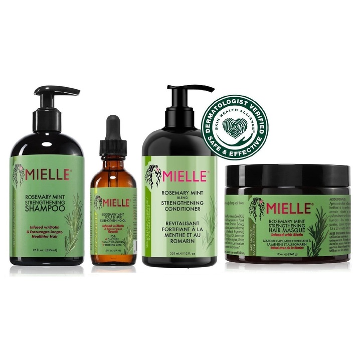 Set Mielle Rosemary Mint sampon fortifiant 355 ml, Ulei pentru scalp si par 59 ml, Balsam revitalisant 355 ml, Masca fortifianta pentru intarirea parului cu menta si rozmarin 340 ml