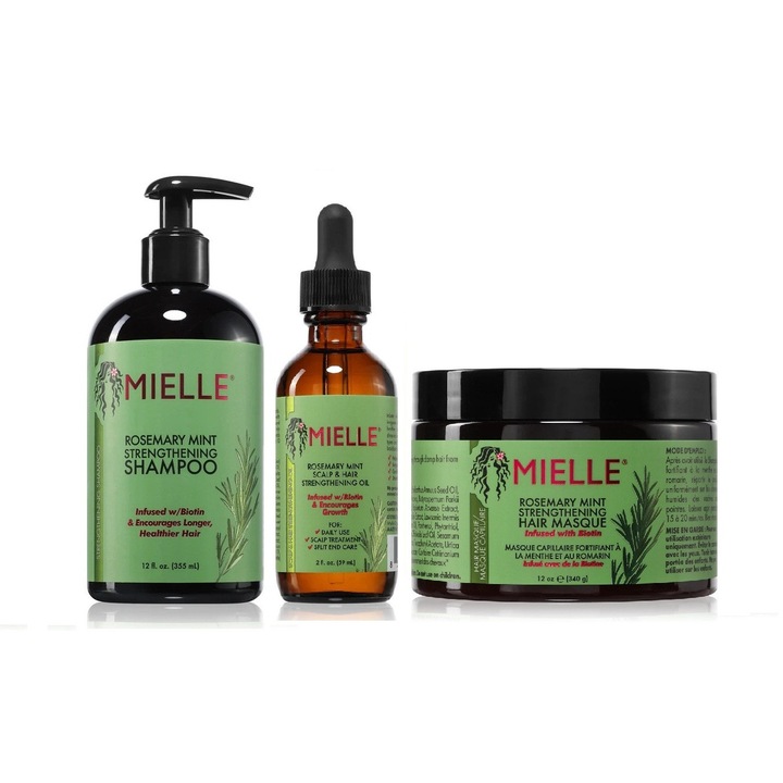 Set Mielle Rosemary Mint sampon fortifiant 355 ml, Ulei pentru scalp si par 59 ml, Masca fortifianta pentru intarirea parului cu menta si rozmarin 340 ml
