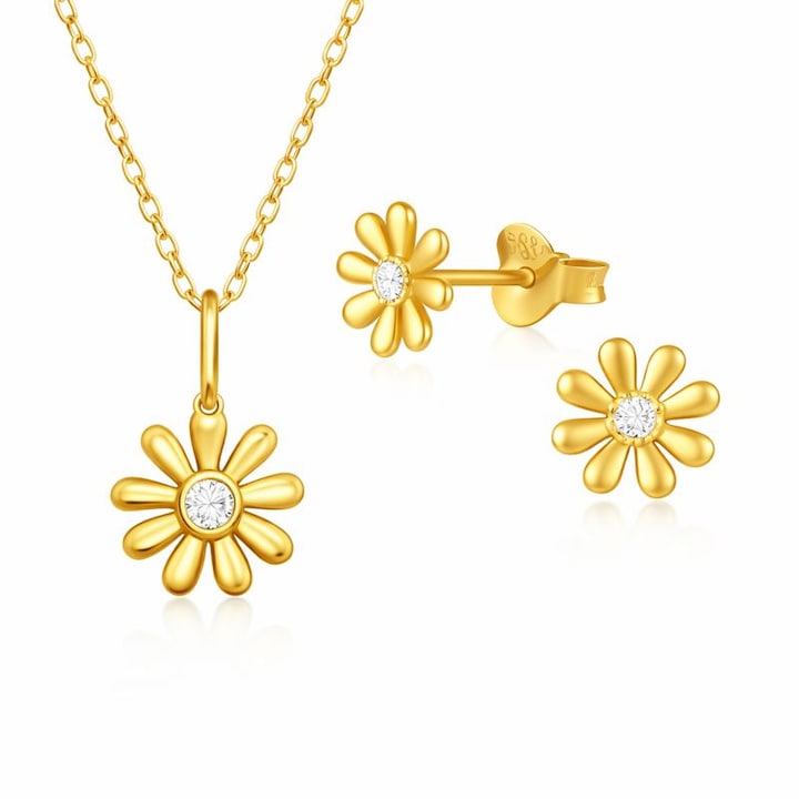 Set Bijuterii Aur 14K Boutique 23 Cu Floare, Set Bijuterii Aur Galben Cu Colier Pandantiv Si Cercei, Design Floral Elegant Cu Zirconiu Alb, Set Bijuterii Aur Pentru Femei, Lant Fin 39cm, Ambalaj Cadou, Auriu