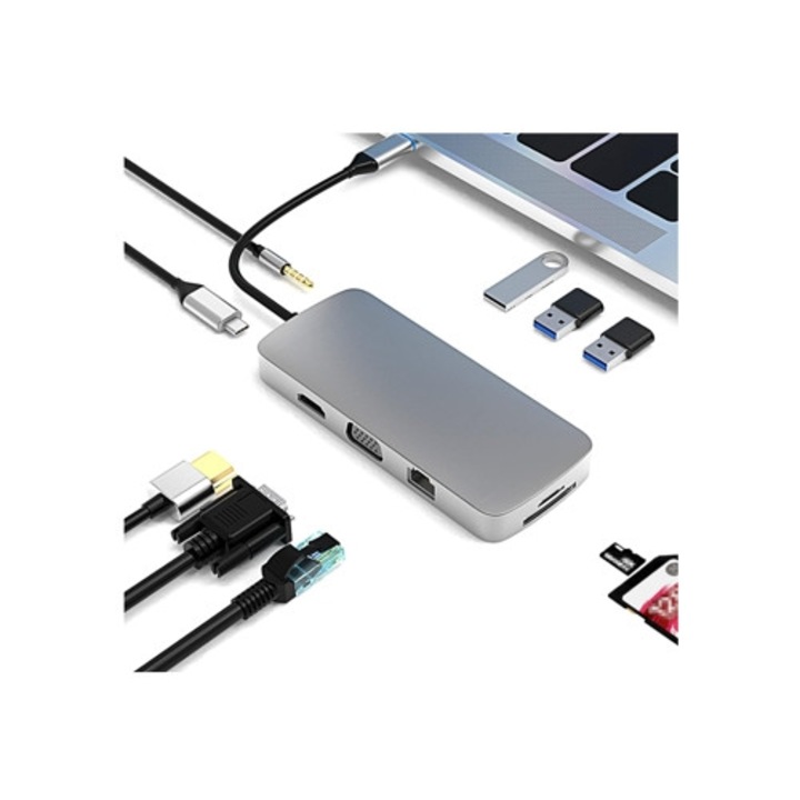 Hub USB C, 3 USB port, HDMI adapter, SD kártyaolvasó, 3.5mm audio adapter, Ethernet adapter, szürke