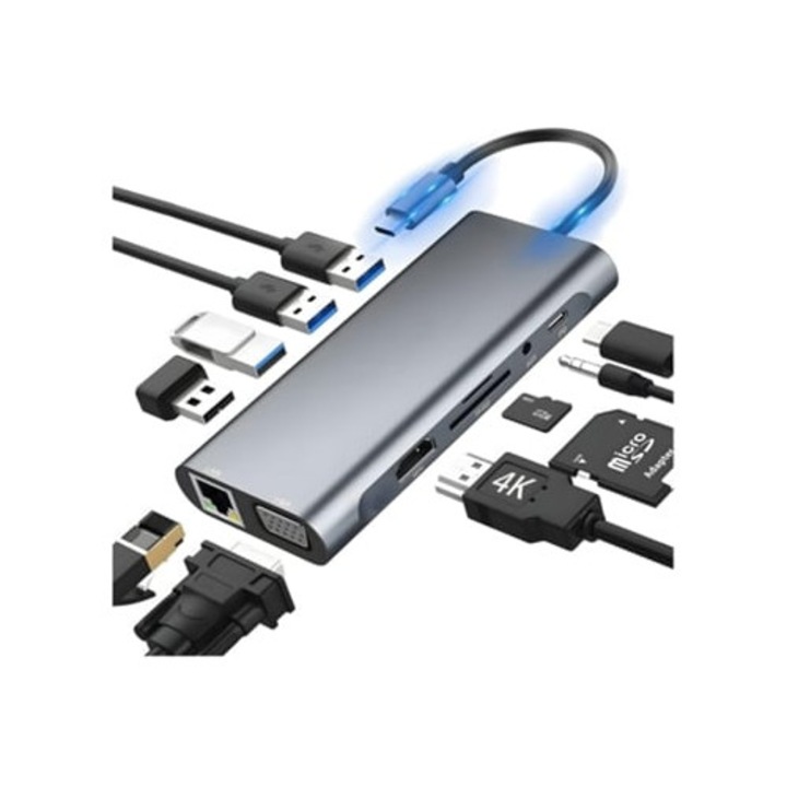 Hub USB C 11 az 1-ben, USB C–HDMI adapter, 4K, szürke