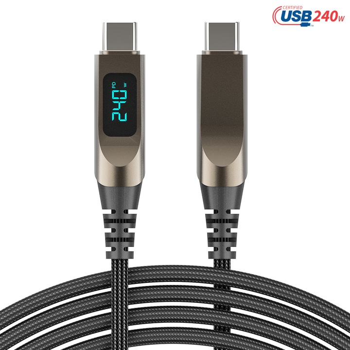 Кабел USB-C към USB-C YakiHoki 240W, цинкова сплав с LED дисплей, бързо зареждане PD3.1, 5A, 2м плетен найлонов кабел, трансфер на данни 480Mbps, съвместим с Apple 15/16, Samsung, Huawei, Xiaomi