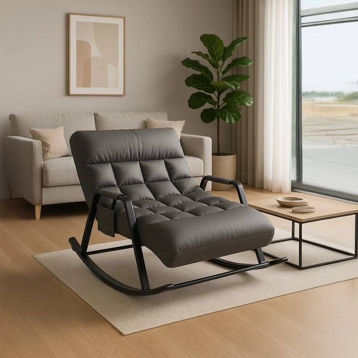 Scaun Balansoar Reglabil Timebox – Spatar Ajustabil 5 Trepte, Design Modern Tapitat, Cadru Metalic Negru, Suport de Picioare Extensibil, Buzunar Lateral, Ideal pentru Living sau Dormitor, Gri