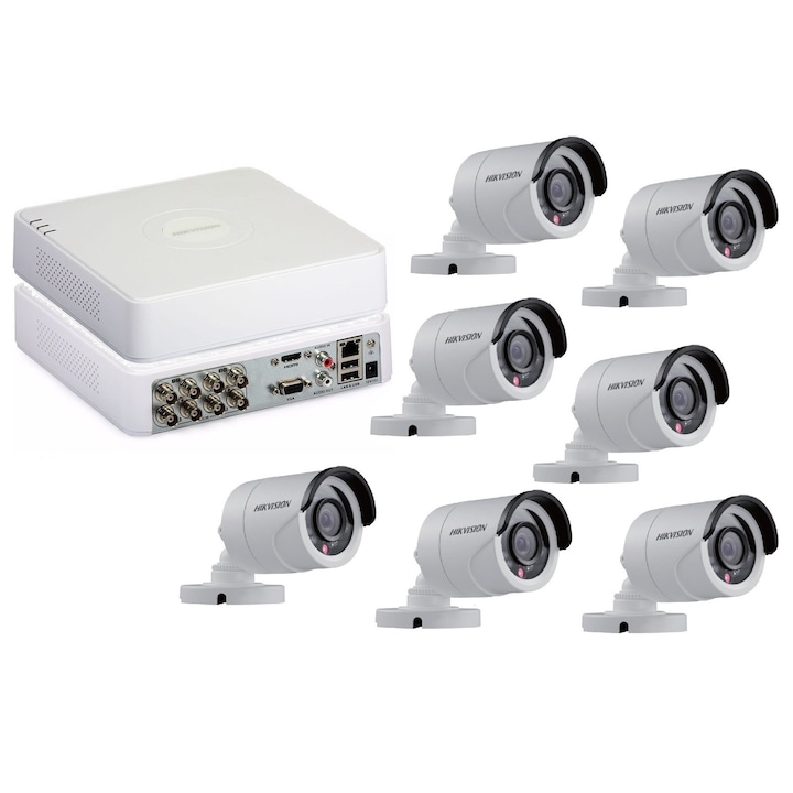 Kit Sistem Supraveghere si Securitate, 4 Camere Exterior Ultra HD 5MP High-Performance 80m ARRAY EXIR Hikvision + DVR 8 canale pana la 5MP, Auto-Adaptiv HDTVI/HDCVI/AHD/CVBS