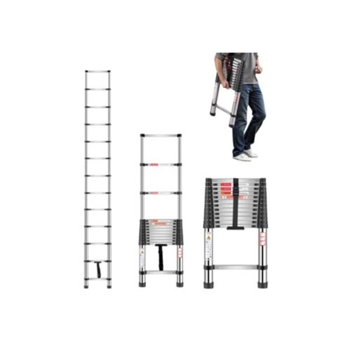 Телескопична работна стълба от неръждаема стомана, 13 стъпала, 465x72x3740 мм