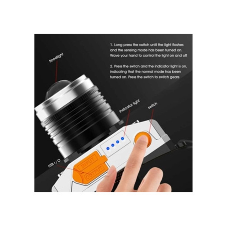 Lanterna LED cu zoom rotativ, impermeabila, 3 moduri, set pentru pescuit si ciclism, argintie