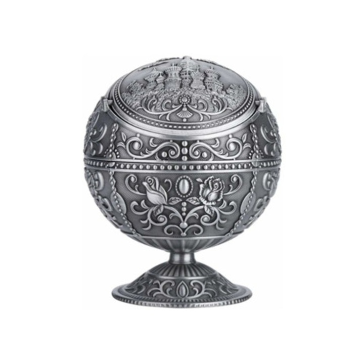 Scrumiera vintage, metal, forma rotunda, model gravat, argintie