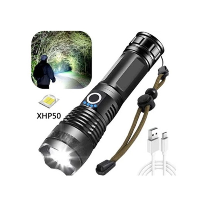 Lanterna Venisymlis XHP50, 10,000 lumeni, reincarcabila USB, cu acumulator 18650