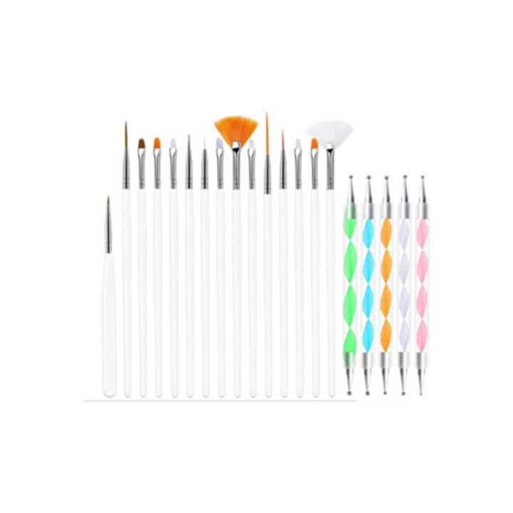 Set unelte pentru design unghii, VENISYMLIS, 20 piese, 15 pensule de pictura, 5 stilouri de punctare, multicolor