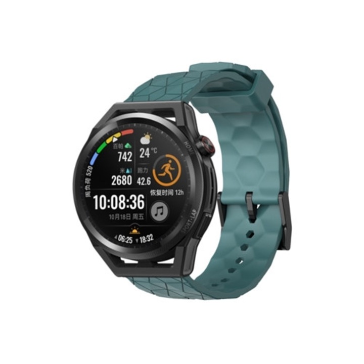 Bratara smartwatch pentru Huawei Watch GT Runner, 22mm, silicon solid, model fotbal, culoare cyan