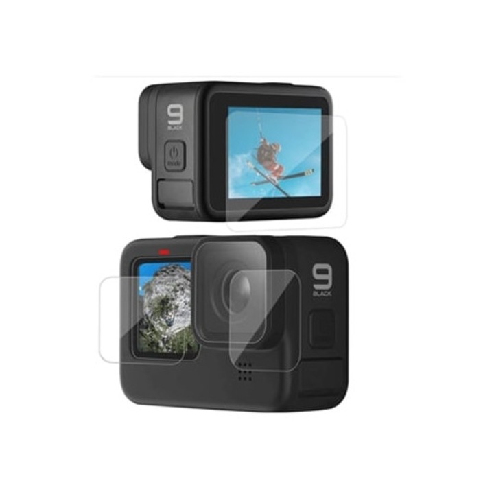 Kit fólia edzett üveg a hátsó képernyőhöz + elülső képernyőhöz + kamerához Gopro Hero 9-hez
