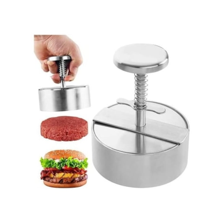 Presa pentru hamburger din otel inoxidabil, ajustabila, diametru 11.5 cm, 100-400 grame