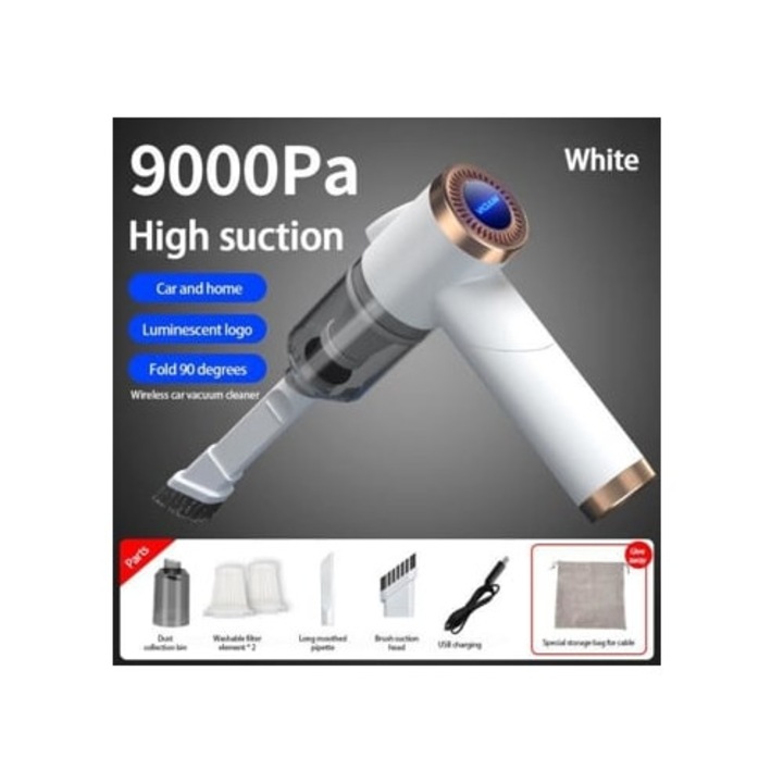 Aspirator auto mini wireless Pq018, putere de aspiratie 9000Pa, 120W, alb, pliabil