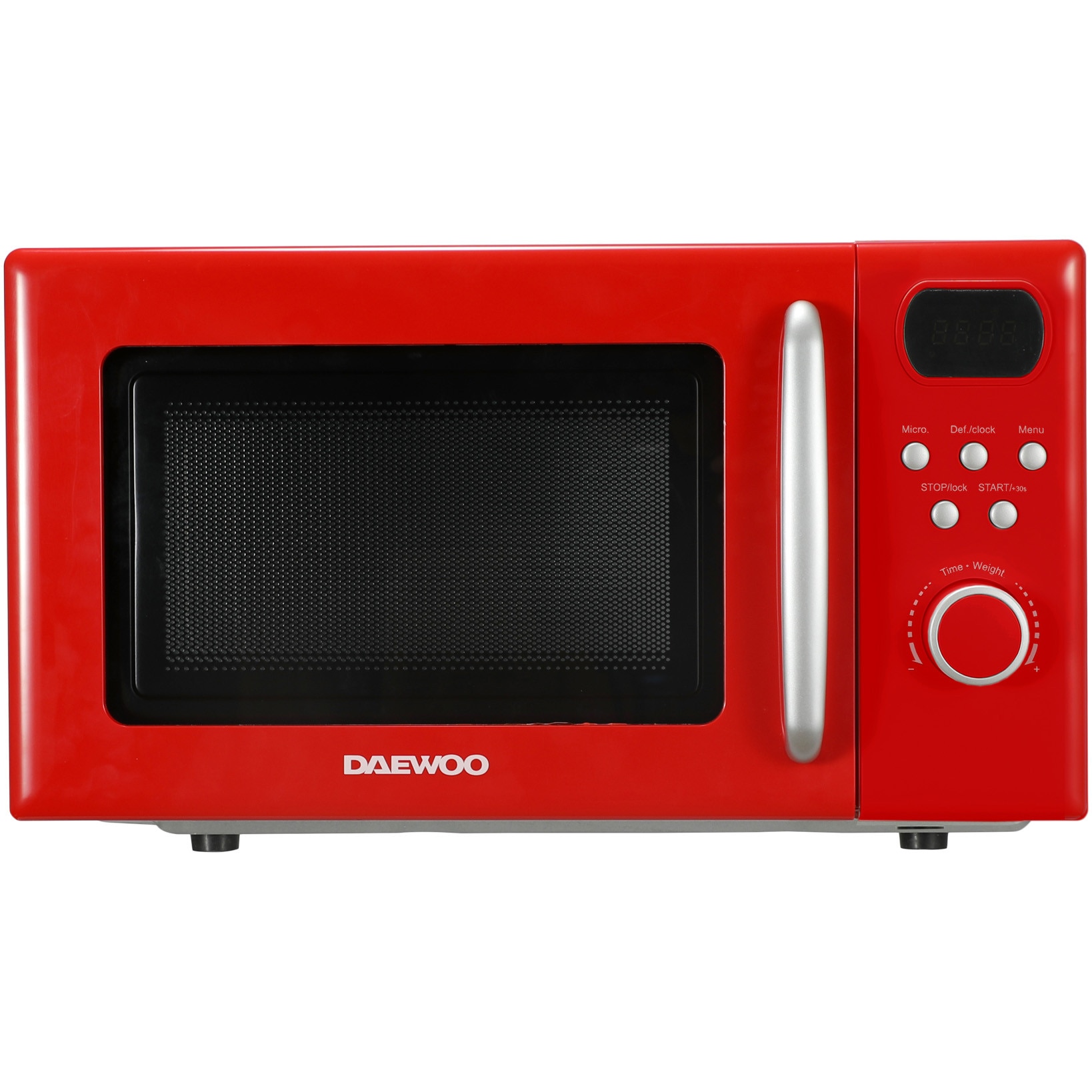 Cuptor cu microunde Daewoo KOR-6S2BR-2, 20 litri, 700 W, control digital (tip ceas), 8 programe, 5 niveluri de putere, functie dezghetare: greutate & timp, culoare: Rosu