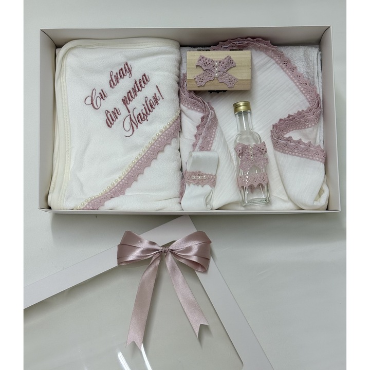 Trusou Botez Fetita – Set Complet Elegant Roz Pudra, cu Mesaj "Cu drag din partea Nasilor"
