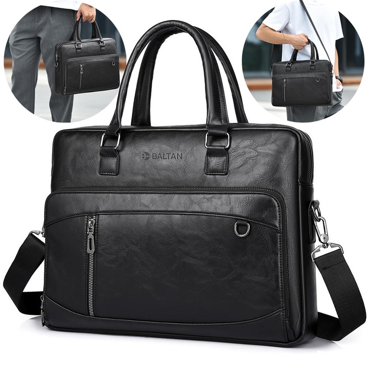 Geanta laptop, Baltan, Office, piele ecologica, multiple compartimente, negru, 15.6 inch, 38x29x10cm