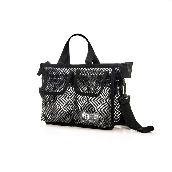 Geanta cosmetice BPerfect Cosmetics, PRO MUA, compartiment interior, PVC, transparent/negru, curele detasabile