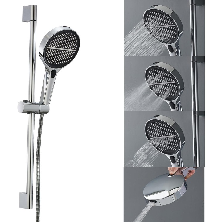 Set cap de dus cu bara reglabila, 4 functii, suprafata extra-larga, cromat, 15cm