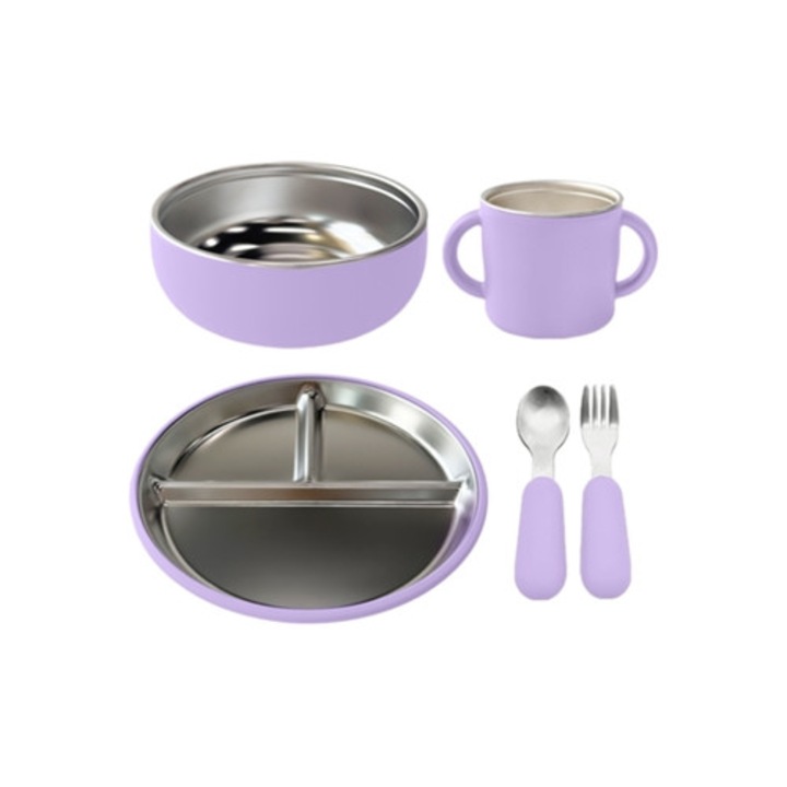 Set articole hranire bebelusi, 5 piese, inox, violet