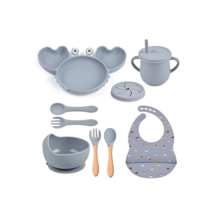 Set farfurie 9-in-1 pentru bebelusi, ustensile din silicon cu baveta ajustabila, gri, 30x25cm