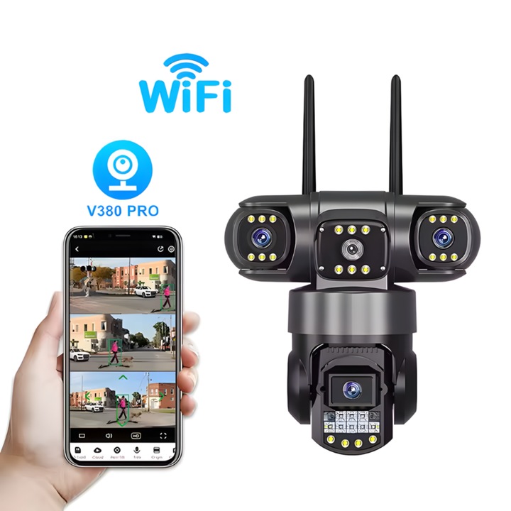 Camera de Supraveghere VarioShop®, WiFi, 12MP, Tripla cu PTZ, Zoom 10X, Vedere Nocturna Color, Detectare Miscare, Audio Bidirectional, Rezistenta IP65, Control Android/iOS