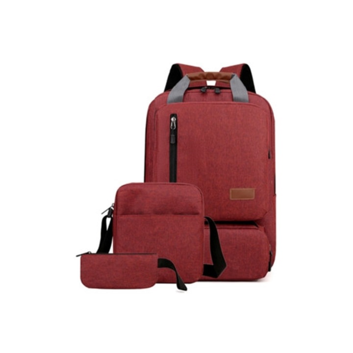 Rucsac laptop barbati, capacitate mare, set trei piese, rosu