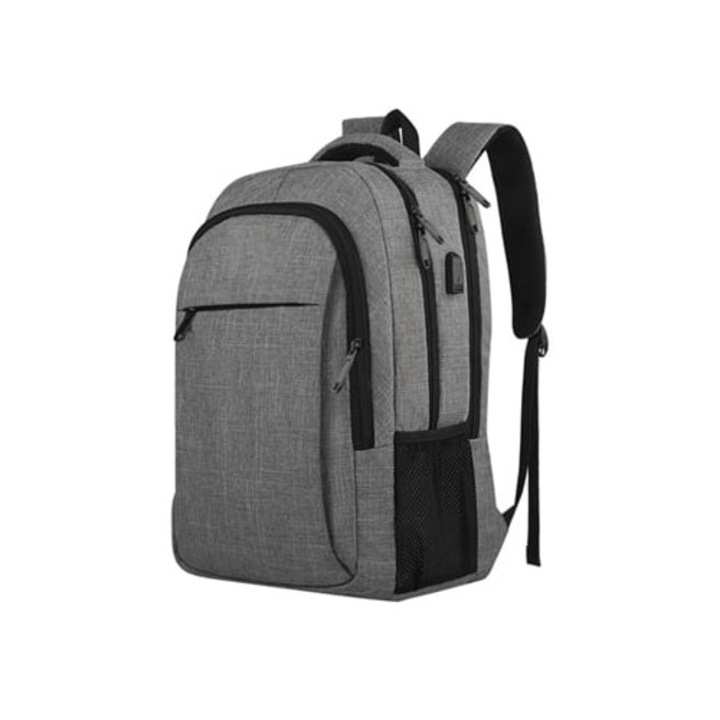 Laptop hátizsák, nagy kapacitású, USB port, szürke