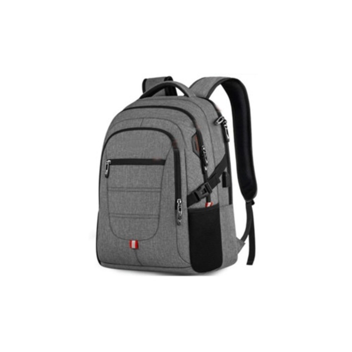 Férfi hátizsák, laptophoz, USB port, pamut, szürke