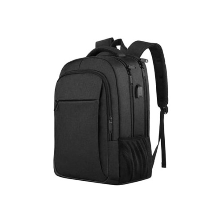 Laptop hátizsák, nagy kapacitású, USB porttal, fekete