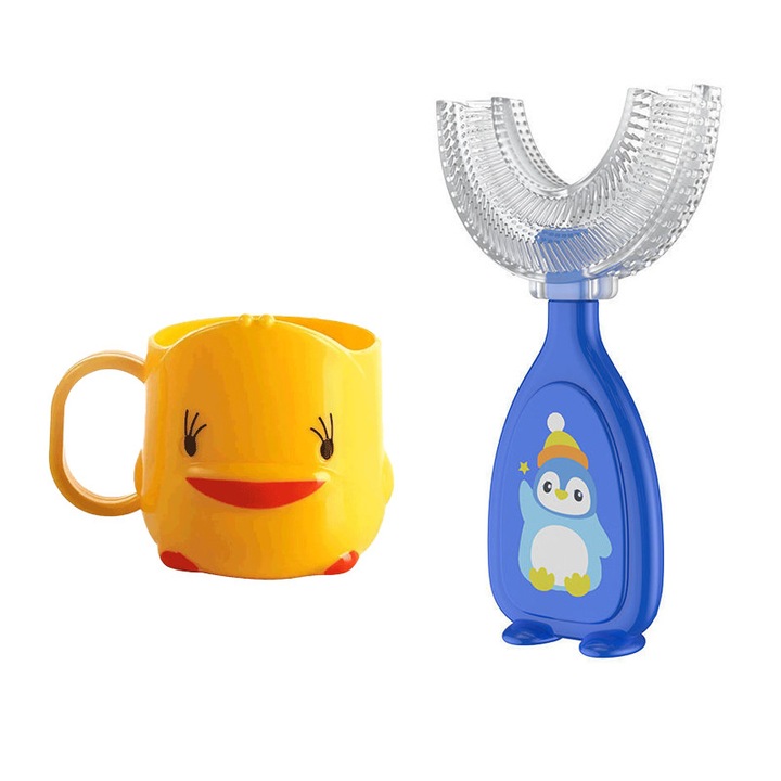 Gyermek fogkefe/pohár szett, Szilikon/Műanyag, U alakú, 2-6 év, Többszínű