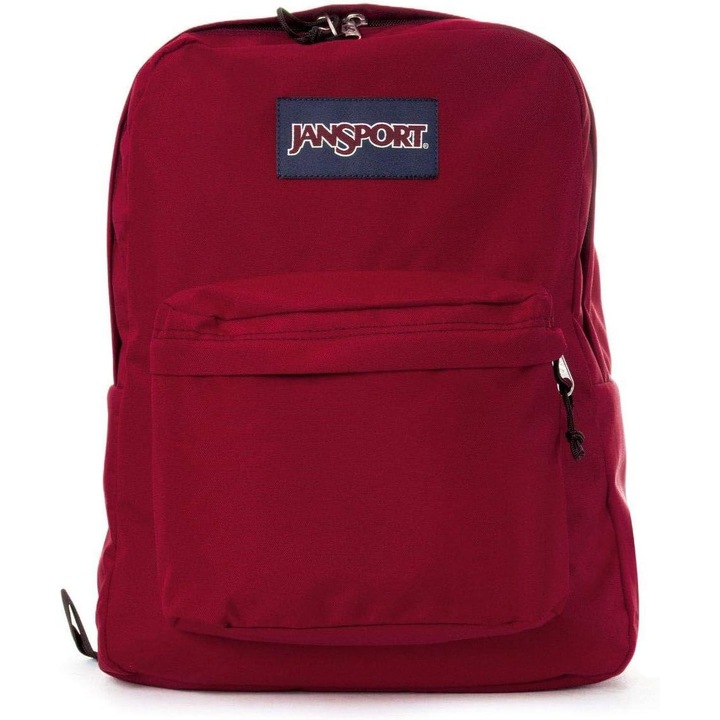 Rucsac JanSport, usor si durabil, cu buzunar frontal si buzunare interne, visiniu, 42 x 33 x 21 cm