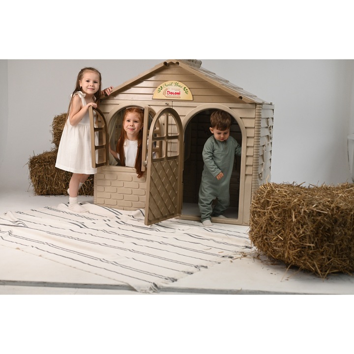 Domek pentru copii DOLONI Sweet Home, bej, 2,56x1,3x1,195m, cu feronerie functionala, usi si feronerie deschise