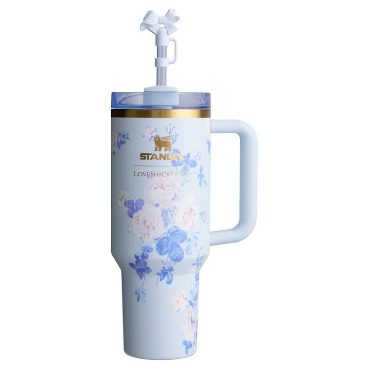 Termos Stanley Quencher H2.0 din otel inoxidabil cu pai si maner pentru scoala si birou, albastru floral, 1,18 l