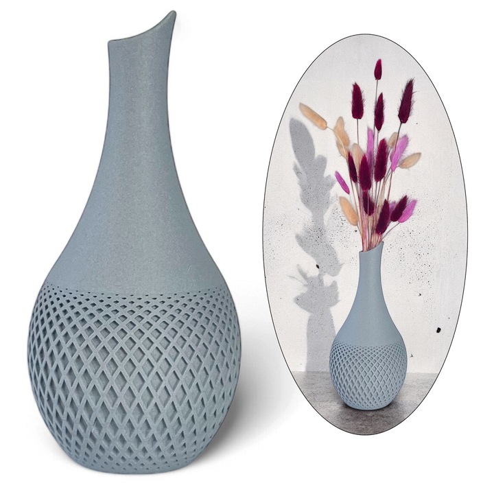 Ваза за изкуствени цветя, гладка, 23 см – модерен модел, имитация на бетон, сива