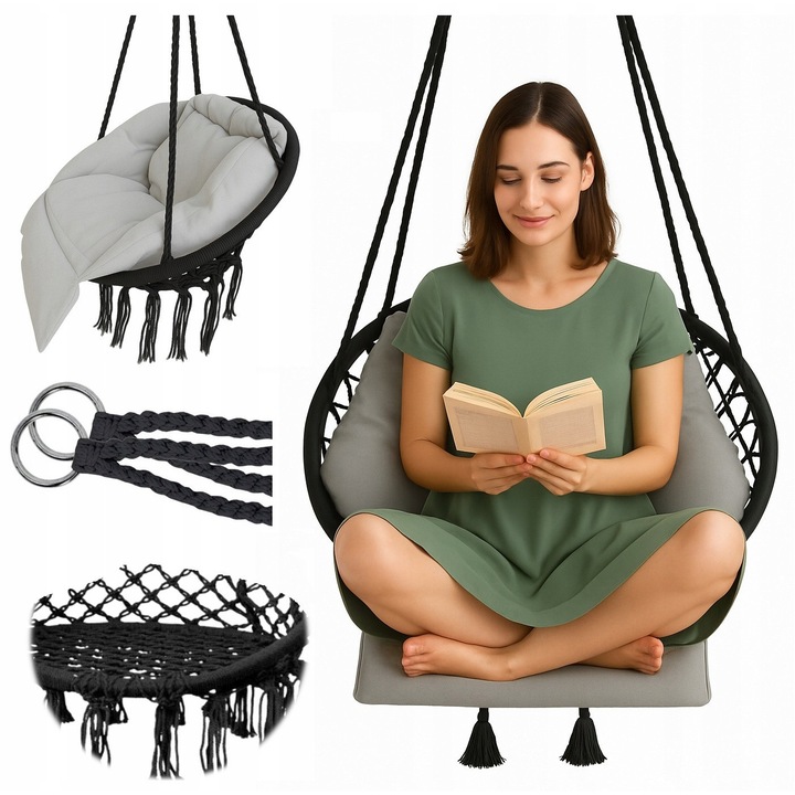 Fotoliu Suspendat Cu Perna, Ekspand, Material Ratan Sintetic, Capacitate Maxima 150 Kg, Calitate Superioara, Utilizare Interior Si Exterior, 120 Cm X 80 Cm X 60 Cm, Negru