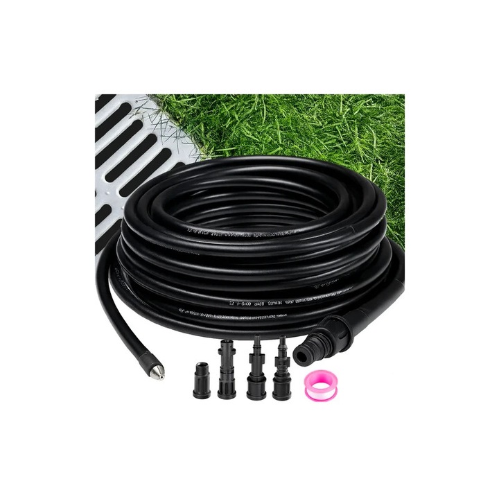 Маркуч за почистване под налягане, дължина 15 метра, 4 адаптера, 138 бара, максимална температура на водата 60 градуса по Целзий