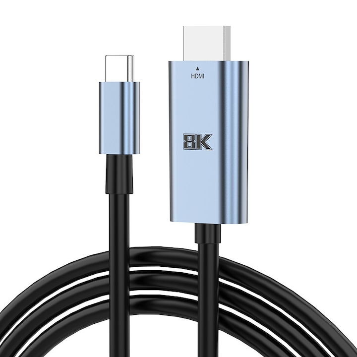 Кабел USB-C към HDMI HDTV 8K 60Hz, 4K 120Hz, 200 см, Видео адаптер USB 3.1 Type-C Thunderbolt 3 към HDMI Bluvista, Сив