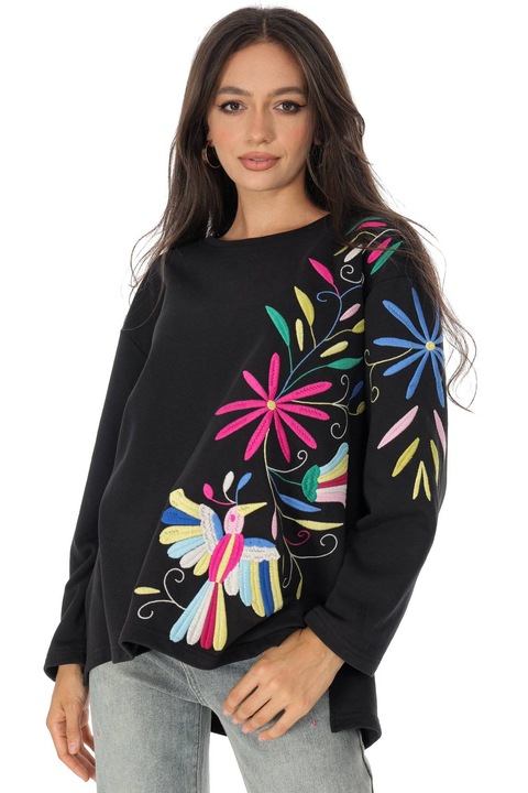Hanorac casual dama cu broderie colorata Negru Roh BR2893, Onesize
