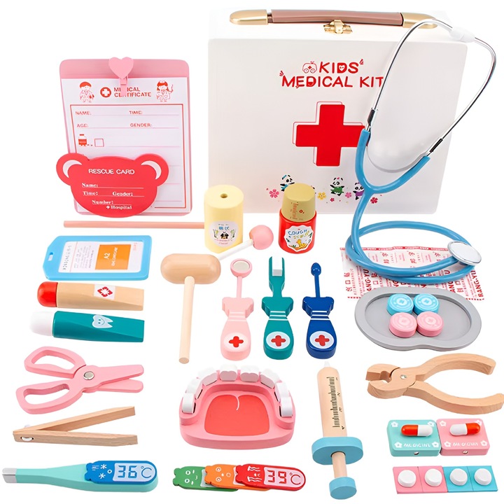 Set trusa medicala de joaca DOCTOR cu piese din lemn, Joc Creativ si Interactiv, Stetoscop, Mulaj, Termometru, Seringa, Penseta, Bandaj, Joc de Rol 36 piese, bebeLOGIC™