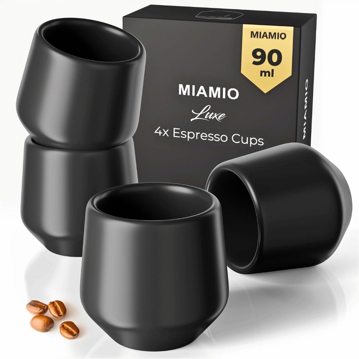 Set 4 Cesti Espresso MIAMIO Luxe, ceramica, negru, 90 ml, design ergonomic, fara toarta