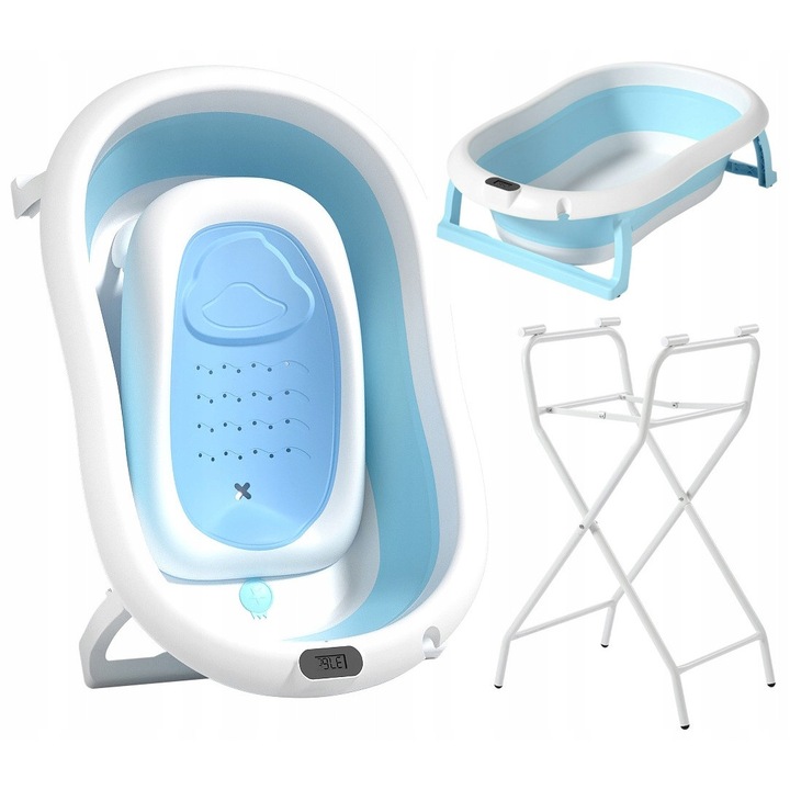 Cada Pliabila Cu Suport Si Termometru, Ekspand, Calitate Inalta, Termometru Electronic Cu Precizie De 0,1 °C, Picioare Antiderapante, Dop De Scurgere, 80 Cm X 50 Cm X 21 Cm, Albastru