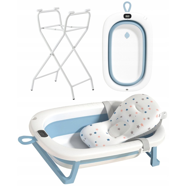 Cada Pliabila Cu Perna Si Termometru, Ekspand, Calitate Superioara, Termometru Electronic Cu Precizie De 0,1 °C, Dimensiune Optima – 85 Cm, Picioare Antiderapante – Stabilitate Maxima In Timpul Baii, 85 Cm X 47 Cm X 21,5 Cm, Albastru