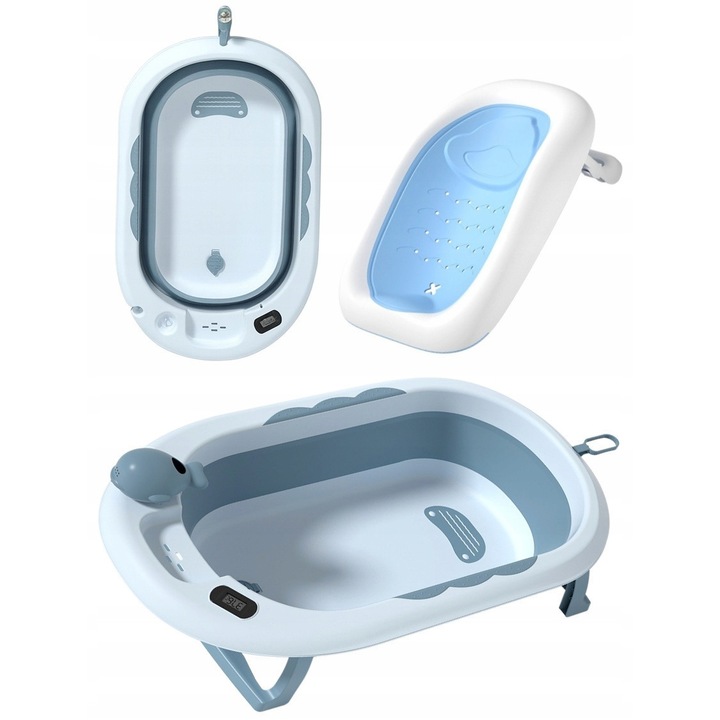 Cada Siliconica Cu Suport, Termometru Si Jucarie, Expand, Termometru Electronic Cu Precizie De 0,1 °C, Picioare Antiderapante, Dop De Scurgere, Raft Practic Pentru Gel/Sapun, 81,5 Cm X 49 Cm X 21,5 Cm, Albastru