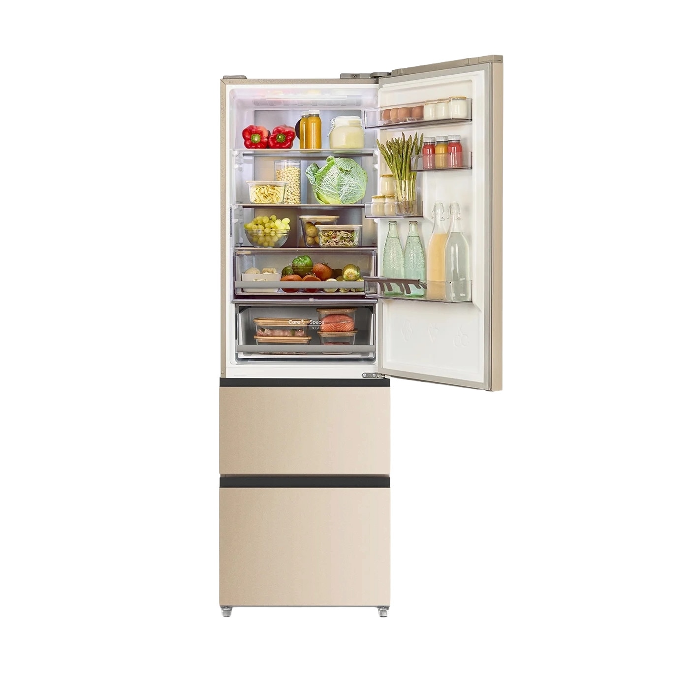 Frigider No Frost French Door cu usi din sticla CREATE, Studio Pro Flex, capacitate 401 litri, H 190 cm, congelator 149 litri, Tehnologie Inverter, 3 rafturi din sticla, 4 compartimente pe usa, sistem Care, functie Multi Air Flow, sticla mata, bej