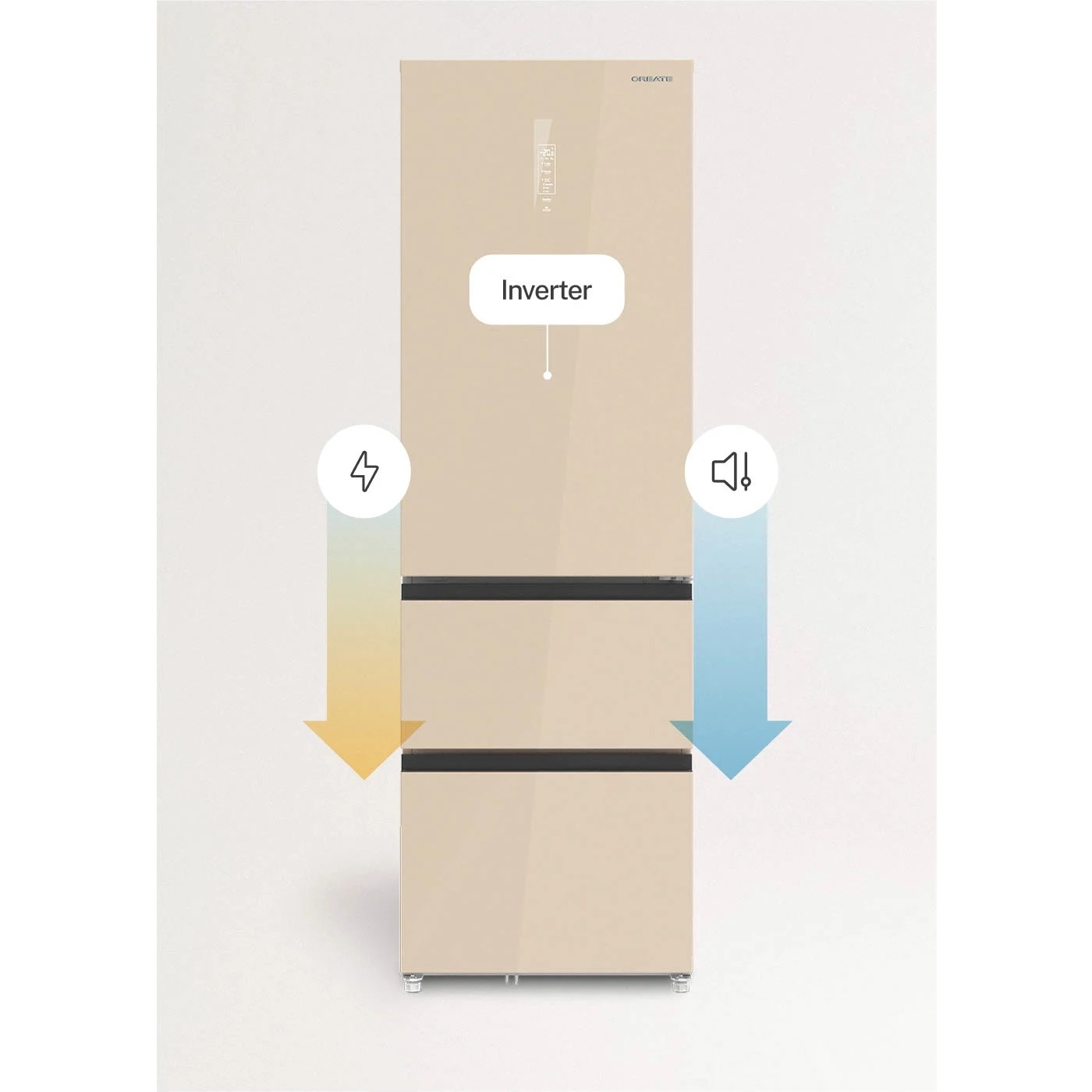 Frigider No Frost French Door cu usi din sticla CREATE, Studio Pro Flex, capacitate 401 litri, H 190 cm, congelator 149 litri, Tehnologie Inverter, 3 rafturi din sticla, 4 compartimente pe usa, sistem Care, functie Multi Air Flow, sticla mata, bej