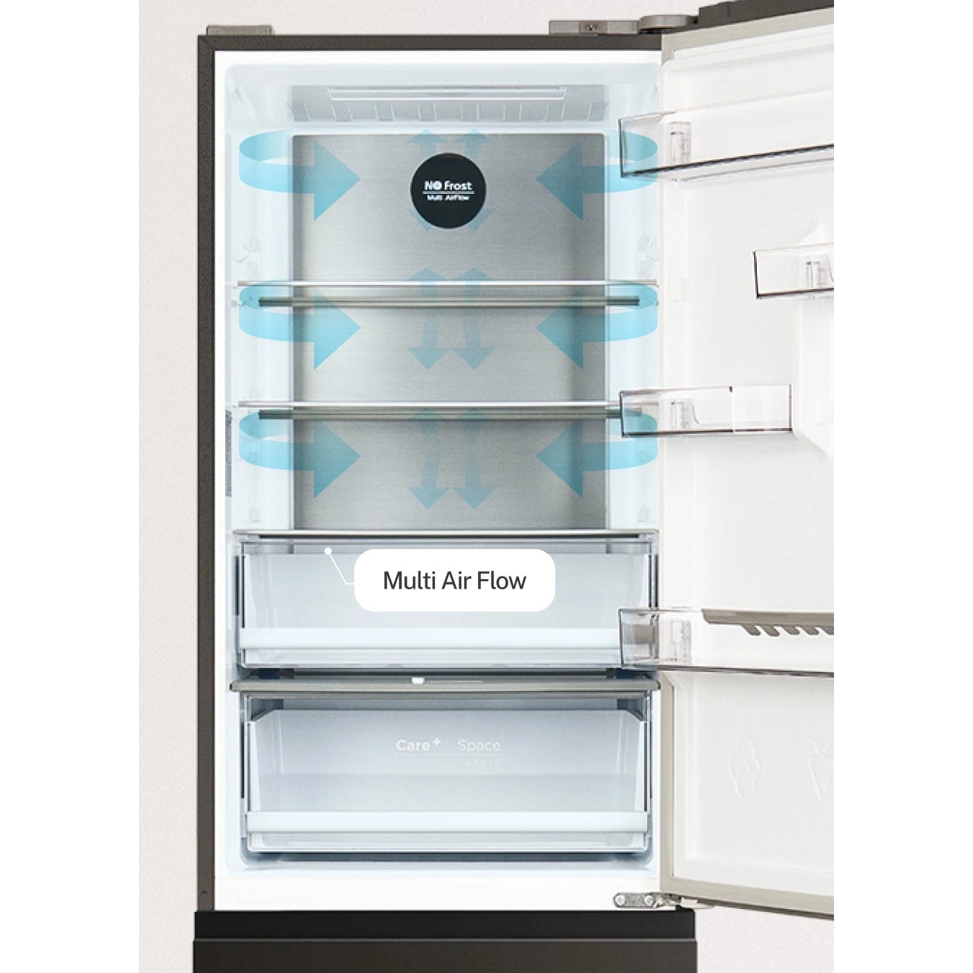 Frigider No Frost French Door cu usi din sticla CREATE, Studio Pro Flex, 401 litri, H 190 cm, congelator 149 litri, Tehnologie Inverter, temperatura reglabila, 3 rafturi din sticla, 4 compartimente pe usa, sistem Care, functie MultiAirFlow, negru