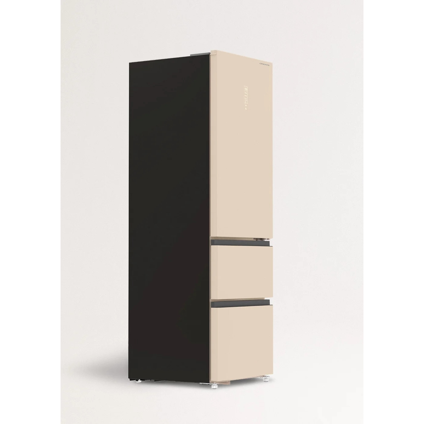 Frigider No Frost French Door cu usi din sticla CREATE, Studio Pro Flex, capacitate 401 litri, H 190 cm, congelator 149 litri, Tehnologie Inverter, 3 rafturi din sticla, 4 compartimente pe usa, sistem Care, functie Multi Air Flow, sticla mata, bej