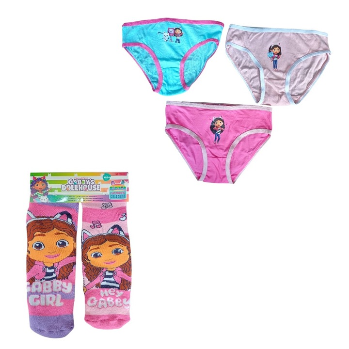2 pár ABS zokni, csúszásgátló talppal és 3 pár lány bugyi, 100% pamut, többszínű, Happy, Gabby's Dollhouse, Többszínű