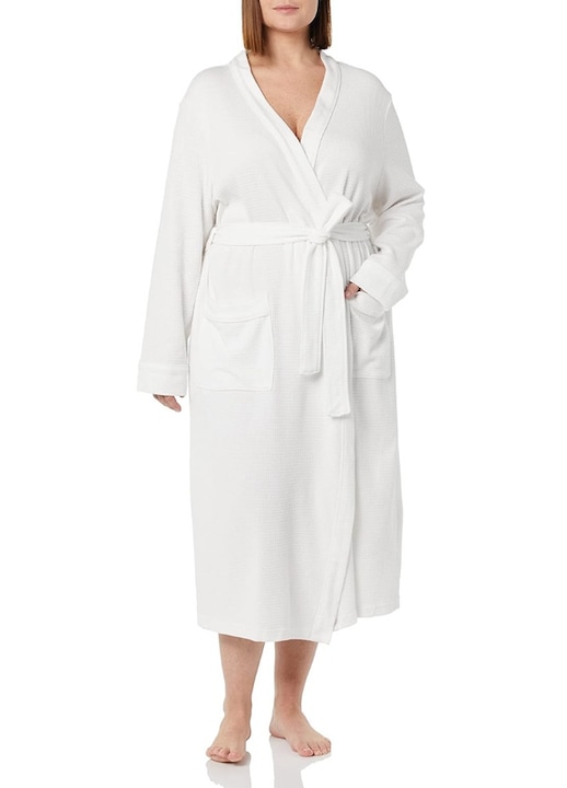 Halat de baie pentru femei cu centura, tesatura tip waffle, absorbant, uscare rapida, confortabil, bumbac, alb, marimi L/XL