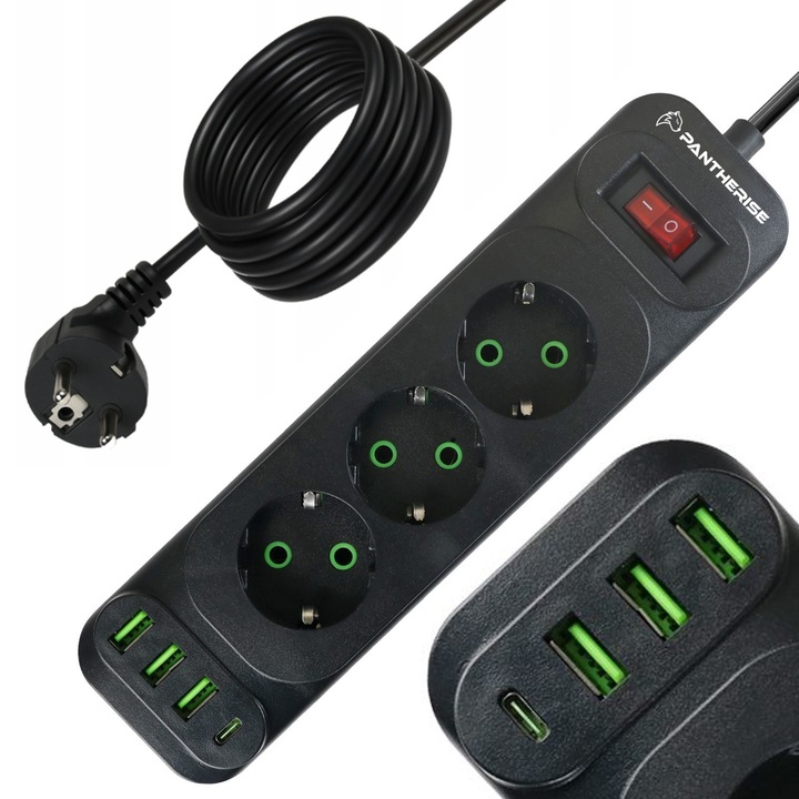 Priza De Alimentare, Pantherise, 3 Prize Cu Impamantare, 3 Porturi Usb-A Si 1 Port Usb-C, Comutator Cu Iluminare, 5 M, Negru